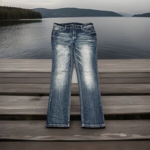 Flamingo Straight Jeans XL (35x31) Blue Super Stretch Mid Rise Denim Womens